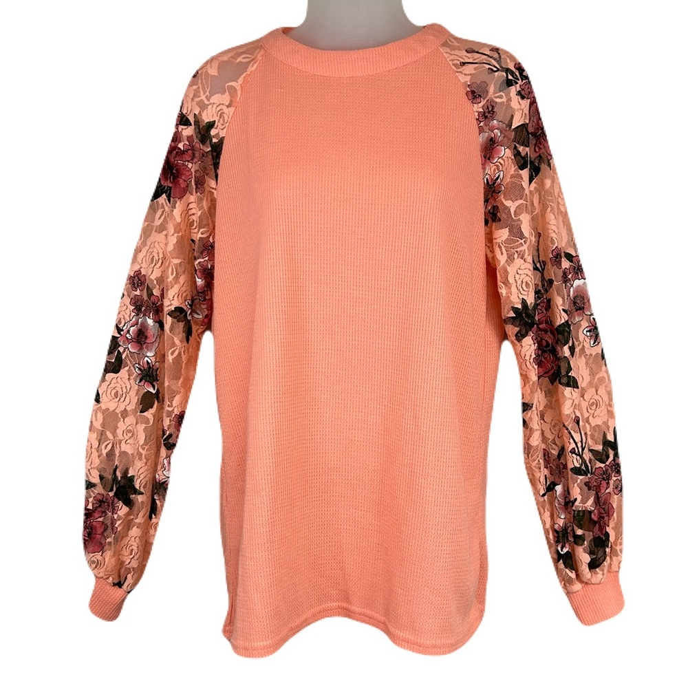 Womens Floral Lace Top Size M Waffle Knit Long Sheer‎ Sleeves Fairy Boho Coral